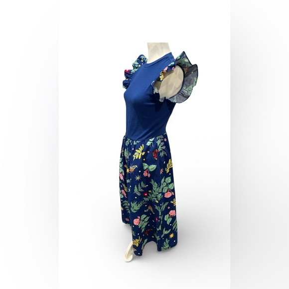 LATINO HERITAGE MONTH Blue Floral Ruffle Sleeve Dress S NWOT - Picture 3 of 4